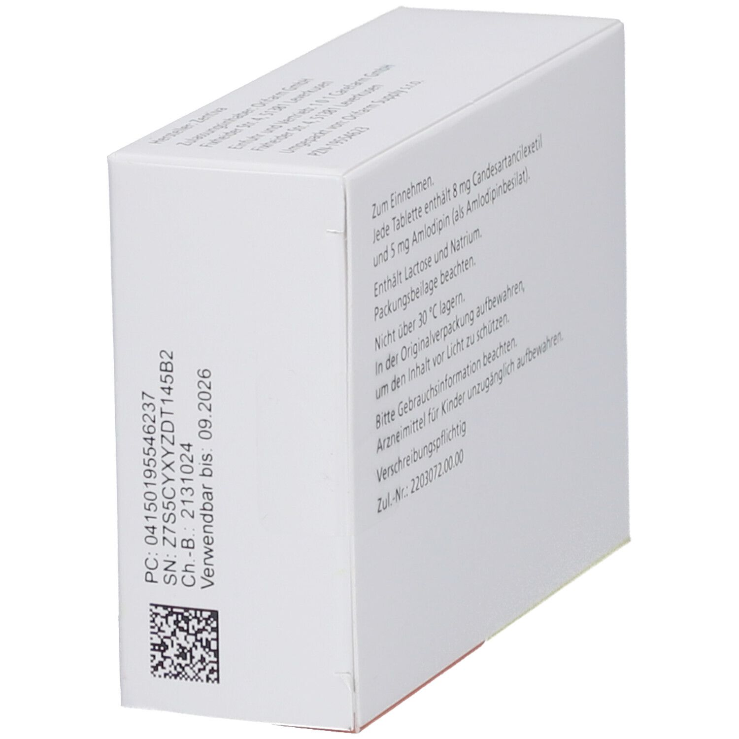 Rückseite der "Caramlo" Tabletten-Schachtel. Text über Inhaltsstoffe, Lagerung und Gebrauchsanweisung.