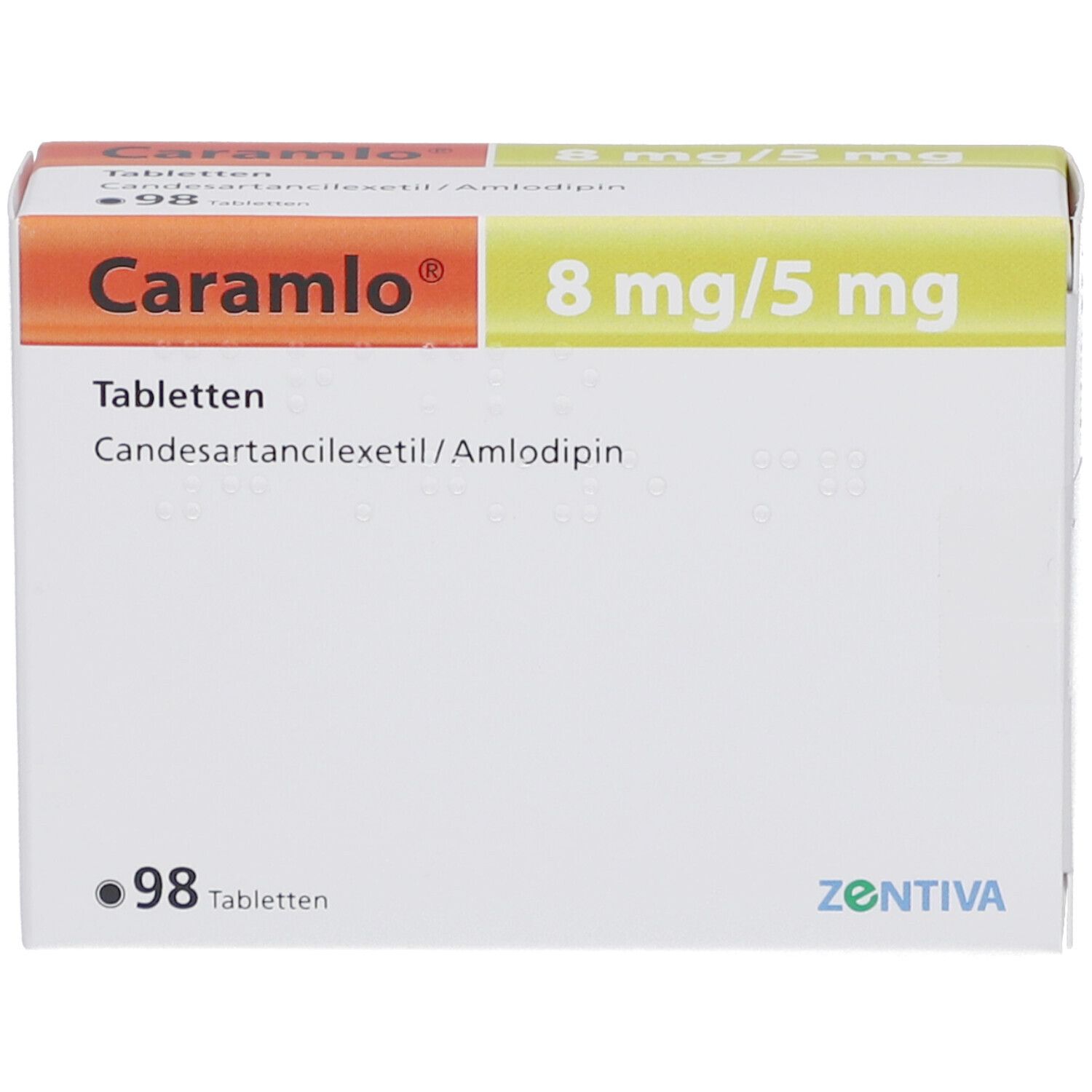 Schachtel "Caramlo" Tabletten. Aufschrift: 8 mg/5 mg, 98 Tabletten. Hersteller: Zentiva.