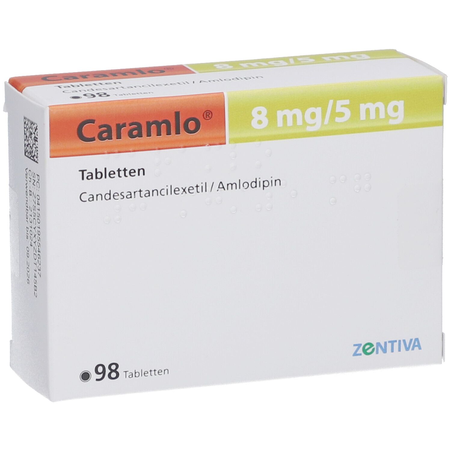 Schachtel "Caramlo" Tabletten. Aufschrift: 8 mg/5 mg, 98 Tabletten. Hersteller: Zentiva.