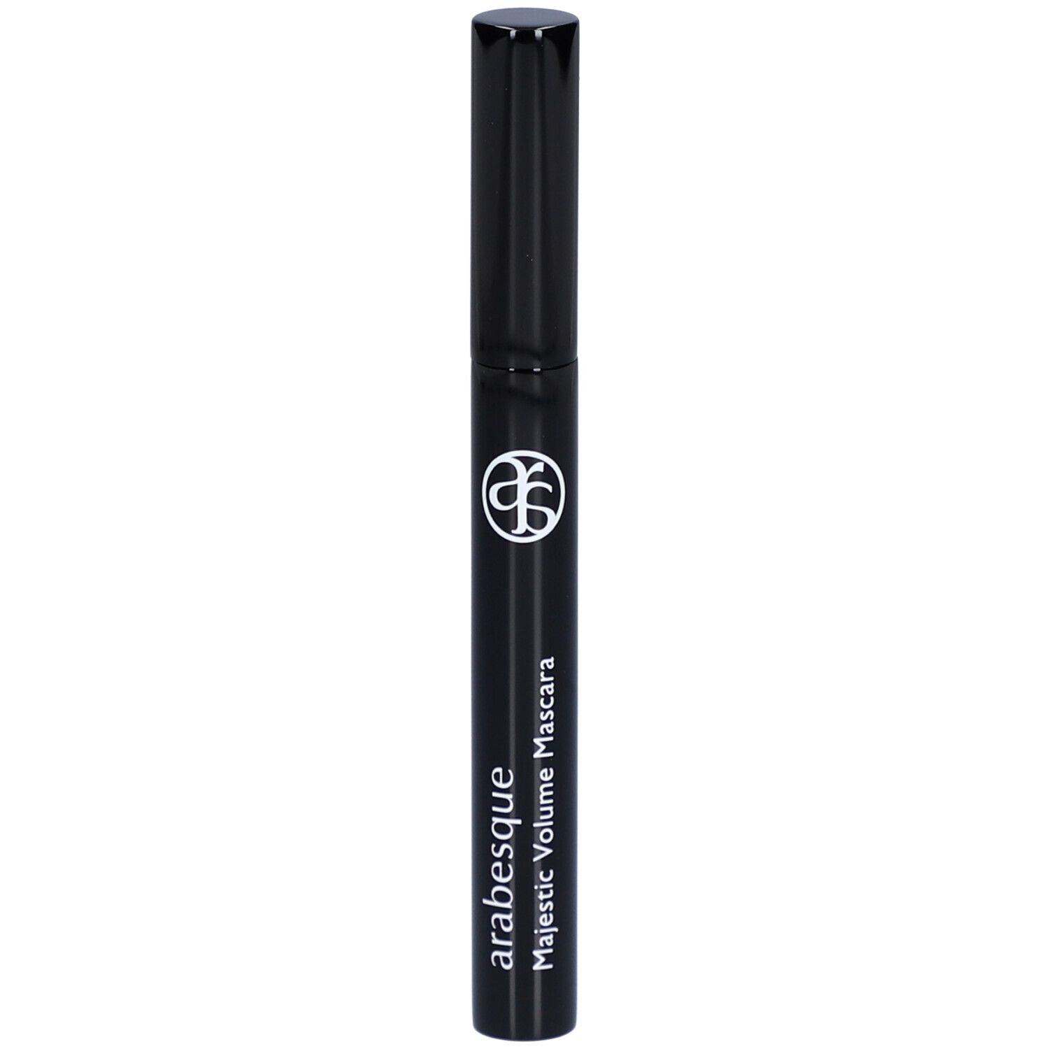 Schwarze Mascarabürste mit schwarzem Deckel. Aufschrift: arabesque Majestic Volume Mascara.