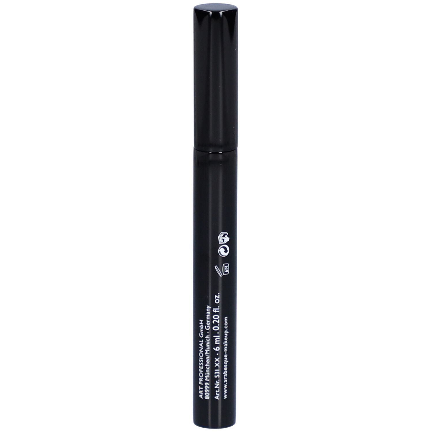 Schwarze Mascarabürste mit schwarzem Deckel. Aufschrift: arabesque-makeup.com, 6 ml, 0.20 fl. oz.