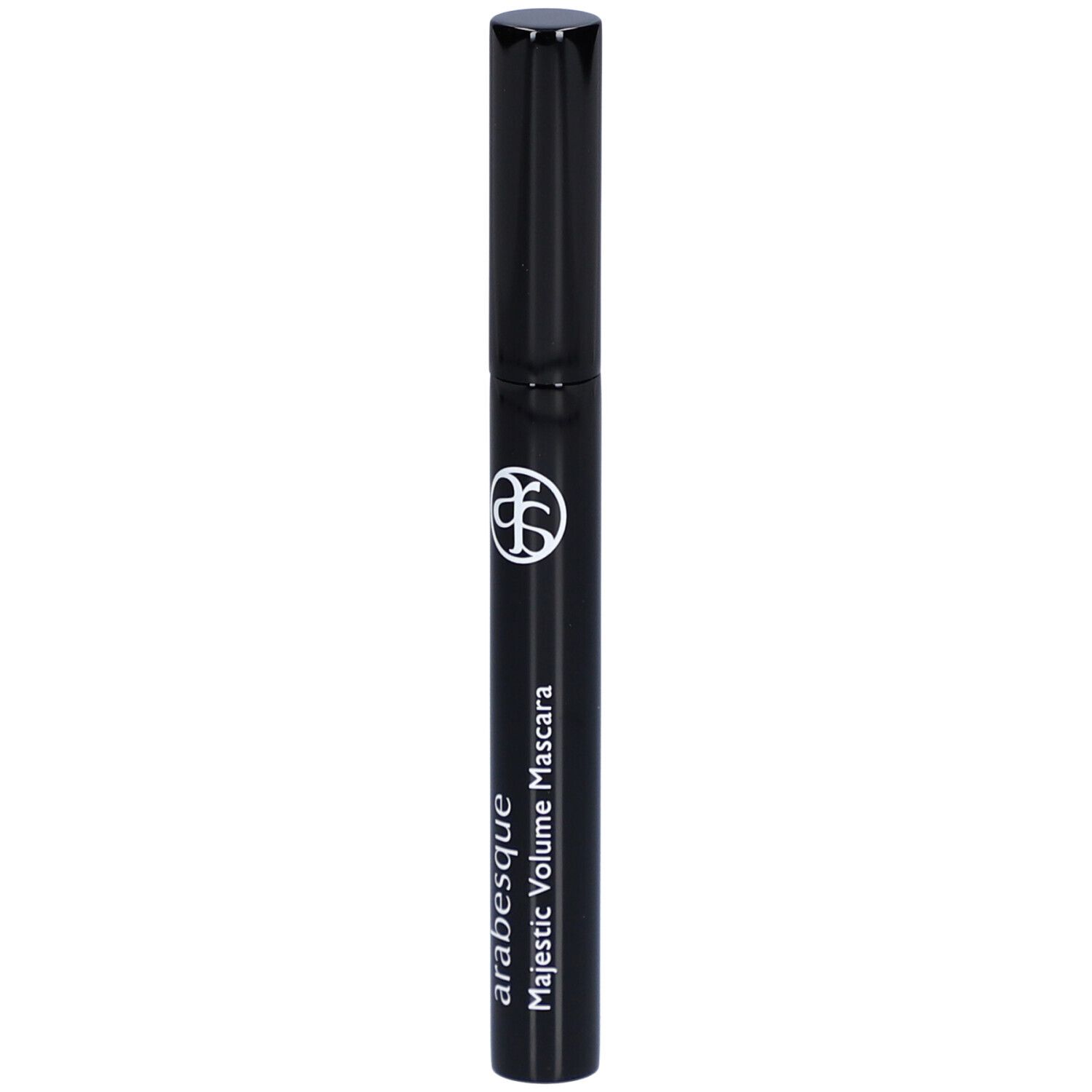 Schwarze Mascarabürste mit schwarzem Deckel. Aufschrift: arabesque Majestic Volume Mascara.