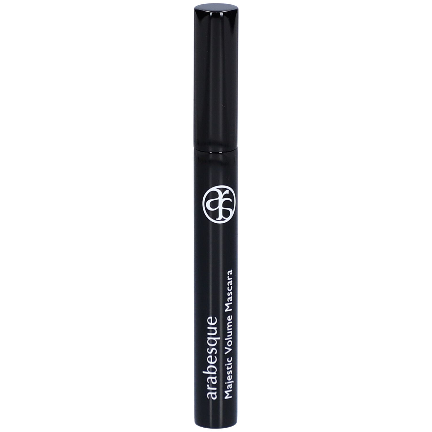 Schwarze Mascarabürste mit schwarzem Deckel. Aufschrift: arabesque Majestic Volume Mascara.