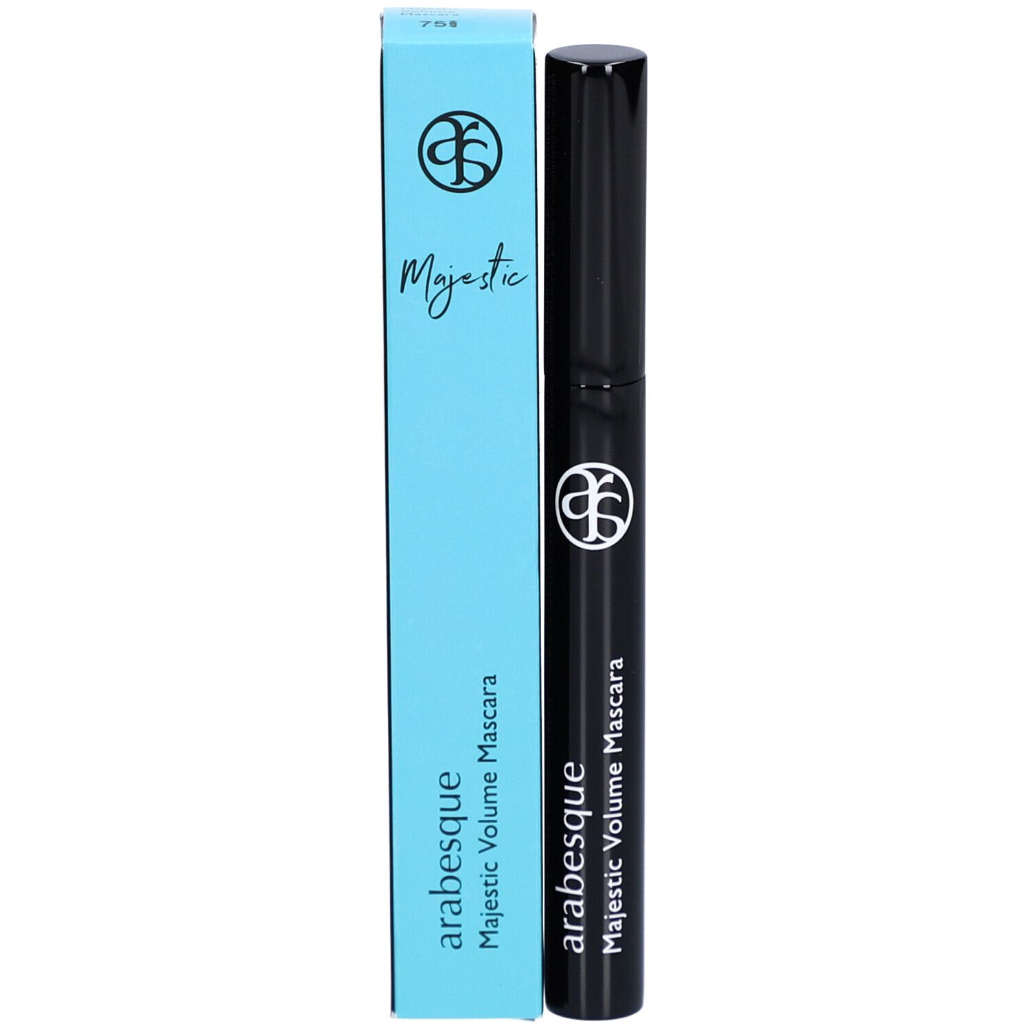 Schwarze Mascarabürste und hellblaue Verpackung. Aufschrift: arabesque Majestic Volume Mascara.