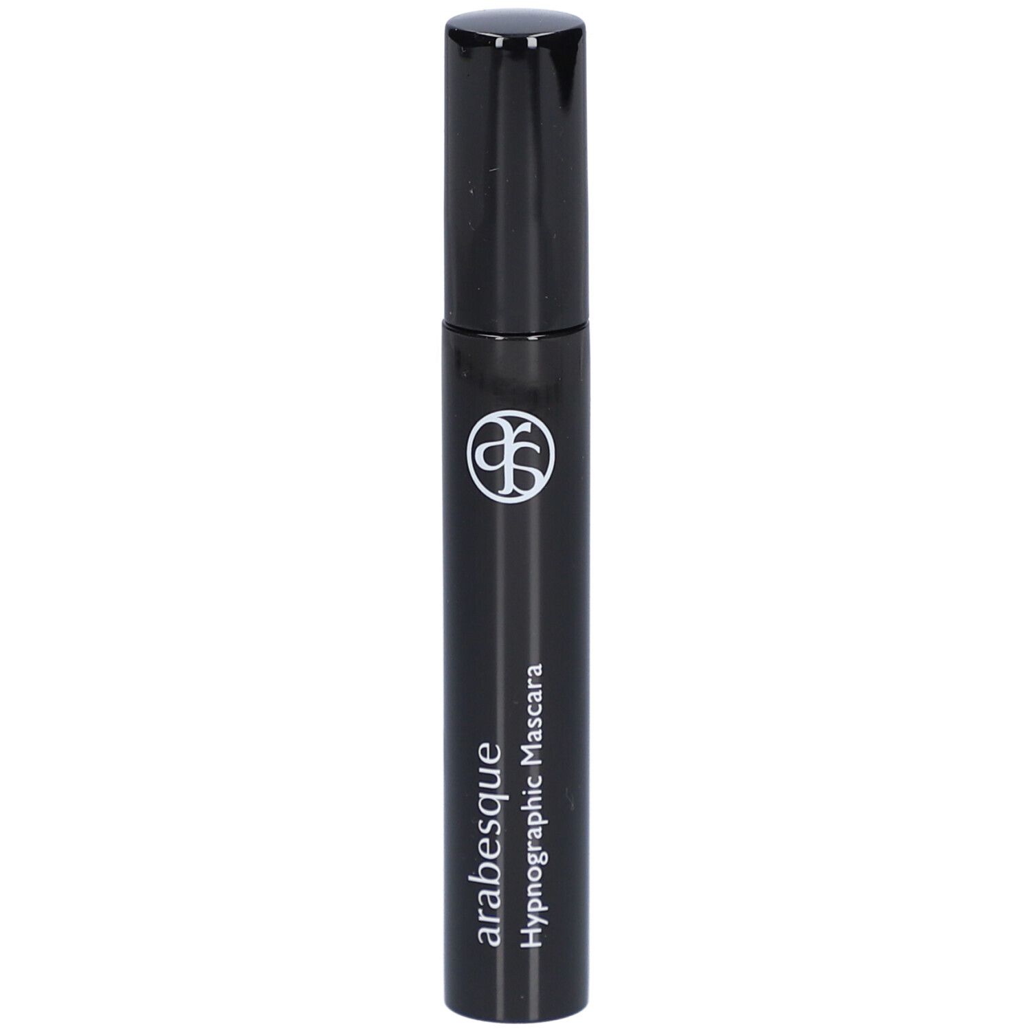 Schwarze Mascarabürste mit schwarzem Deckel. Aufschrift: arabesque Hypnographic Mascara. Logo.