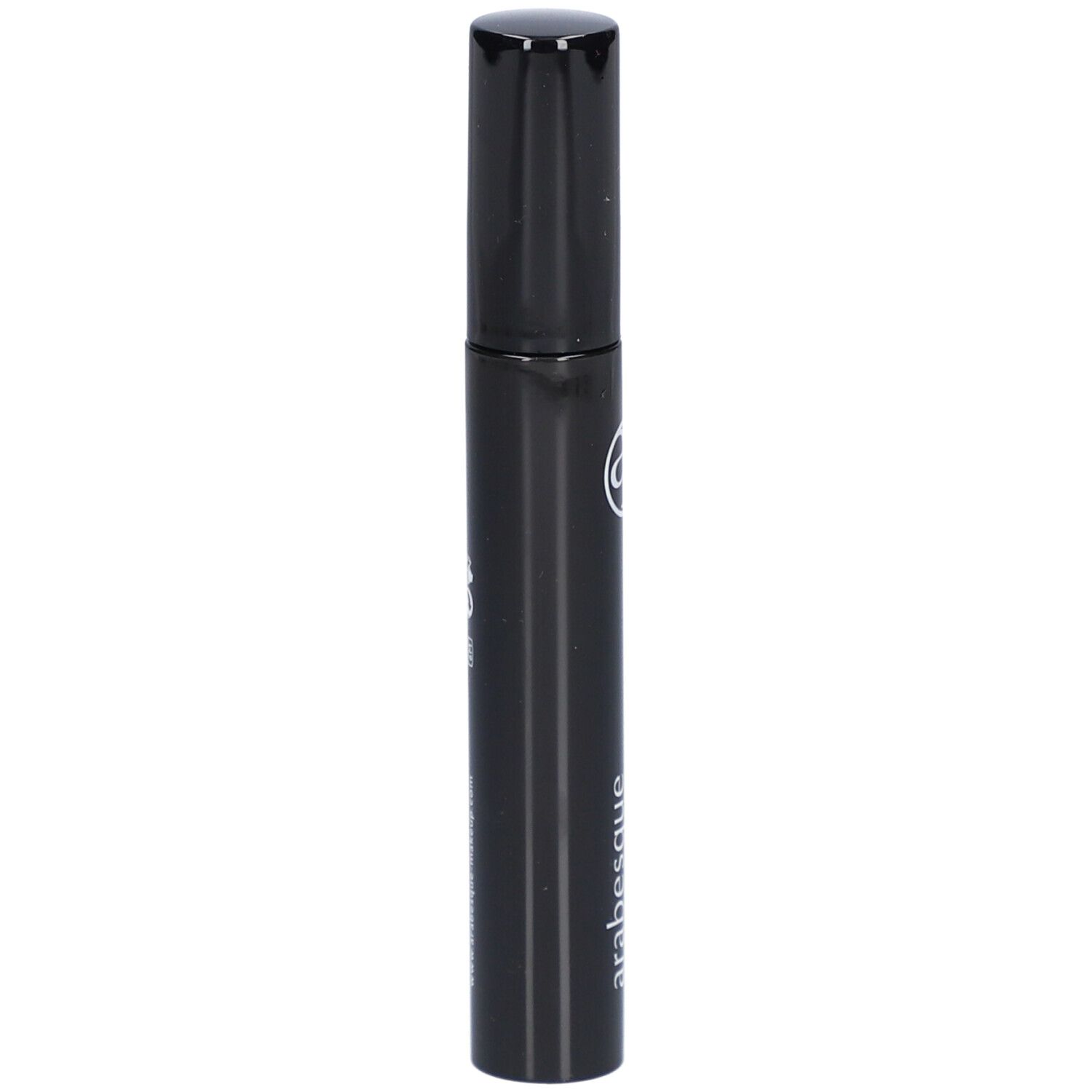 Schwarze Mascarabürste mit schwarzem Deckel. Aufschrift: arabesque Hypnographic Mascara. Logo.