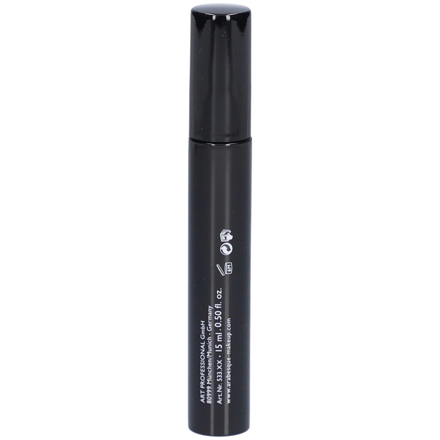 Schwarze Mascarabürste mit schwarzem Deckel. Aufschrift: arabesque Hypnographic Mascara. Logo. Text.