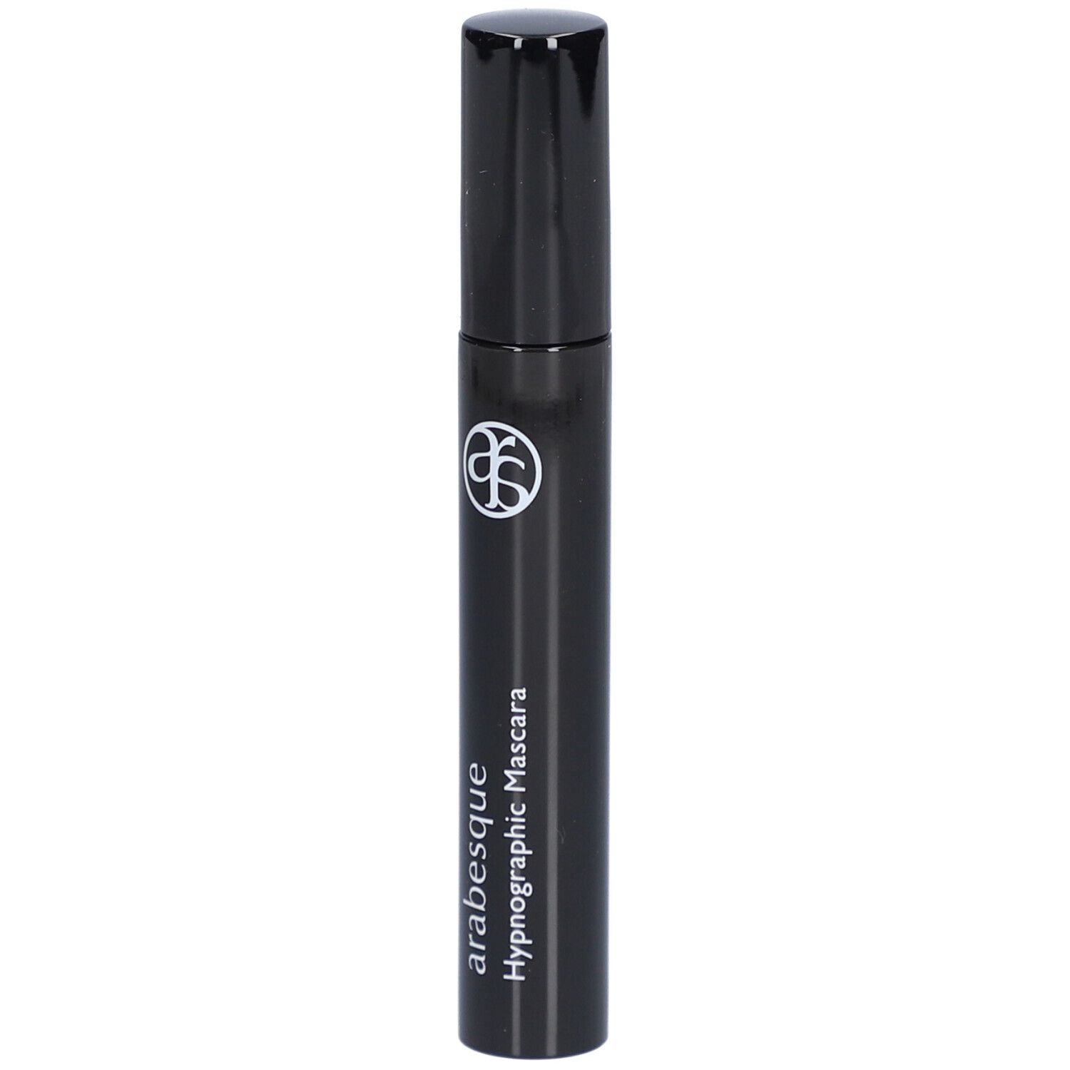 Schwarze Mascarabürste mit schwarzem Deckel. Aufschrift: arabesque Hypnographic Mascara. Logo.