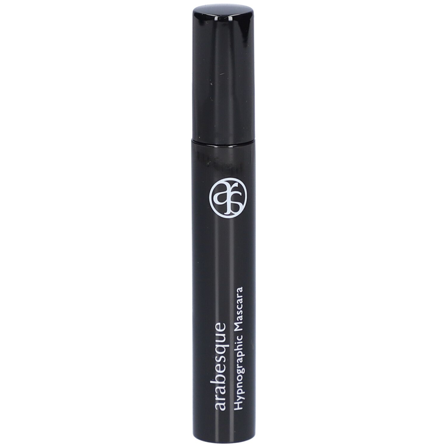 Schwarze Mascarabürste mit schwarzem Deckel. Aufschrift: arabesque Hypnographic Mascara. Logo.