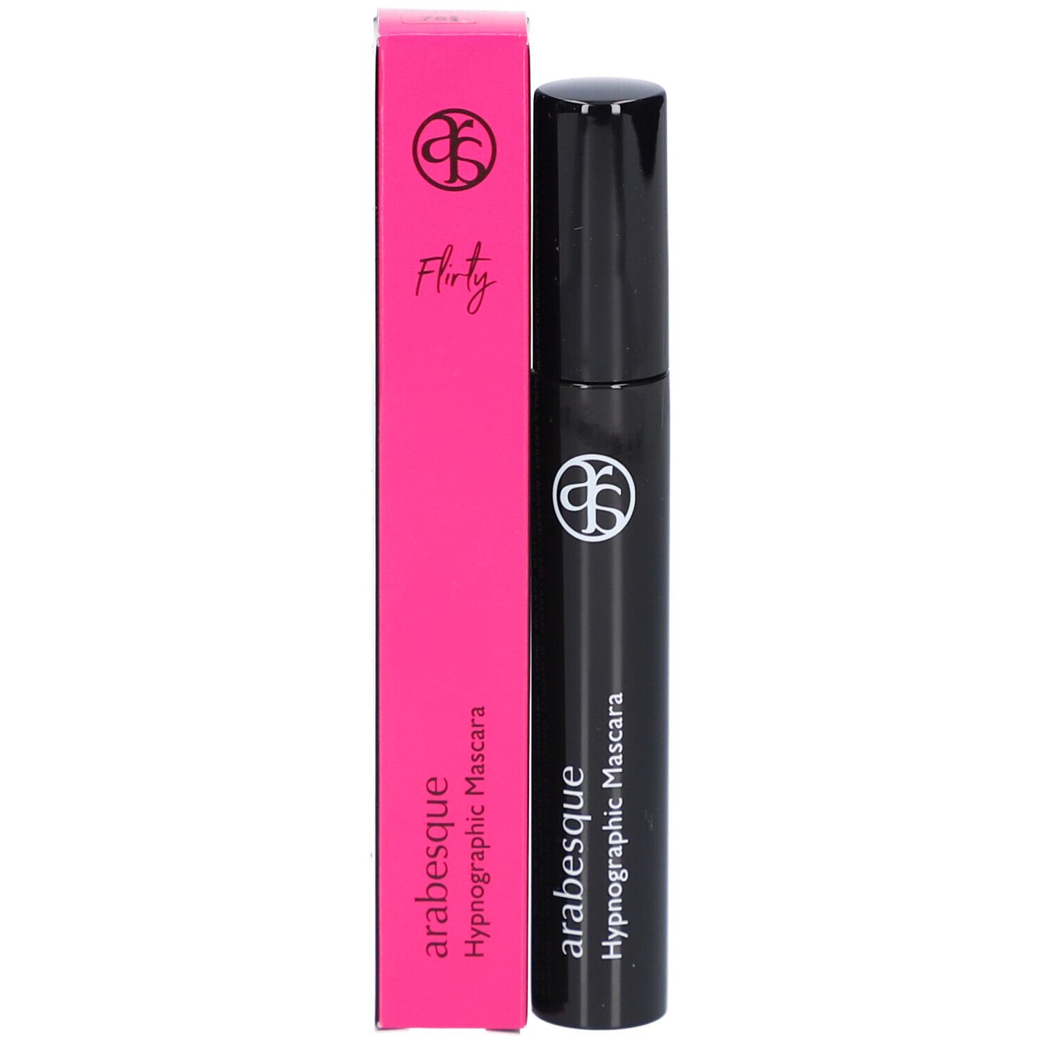 Schwarze Mascarabürste und pinkfarbene Verpackung. Aufschrift: arabesque Hypnographic Mascara. Logo. Flirty.