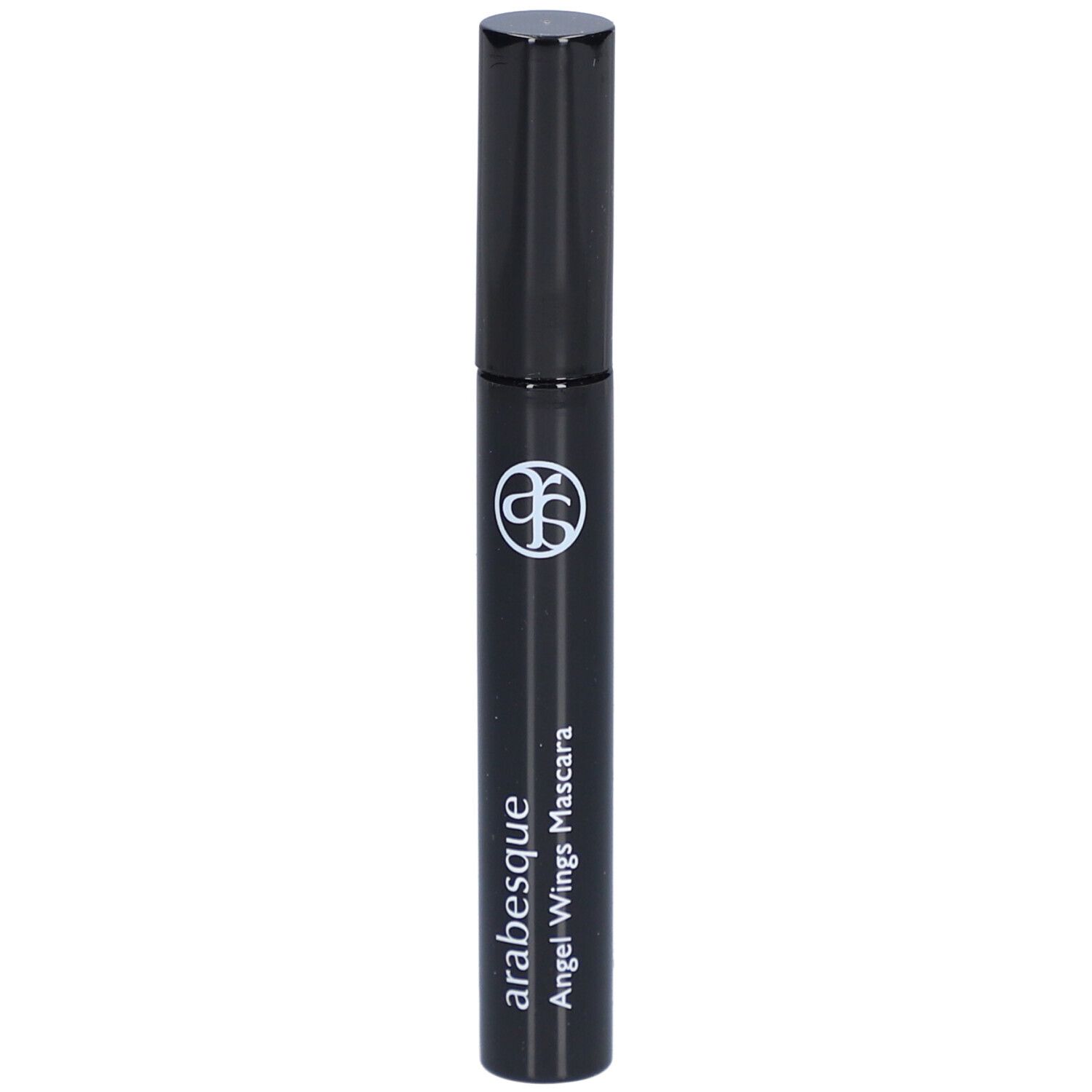 Schwarze Mascarabürste mit schwarzem Deckel. Aufschrift: arabesque Angel Wings Mascara.