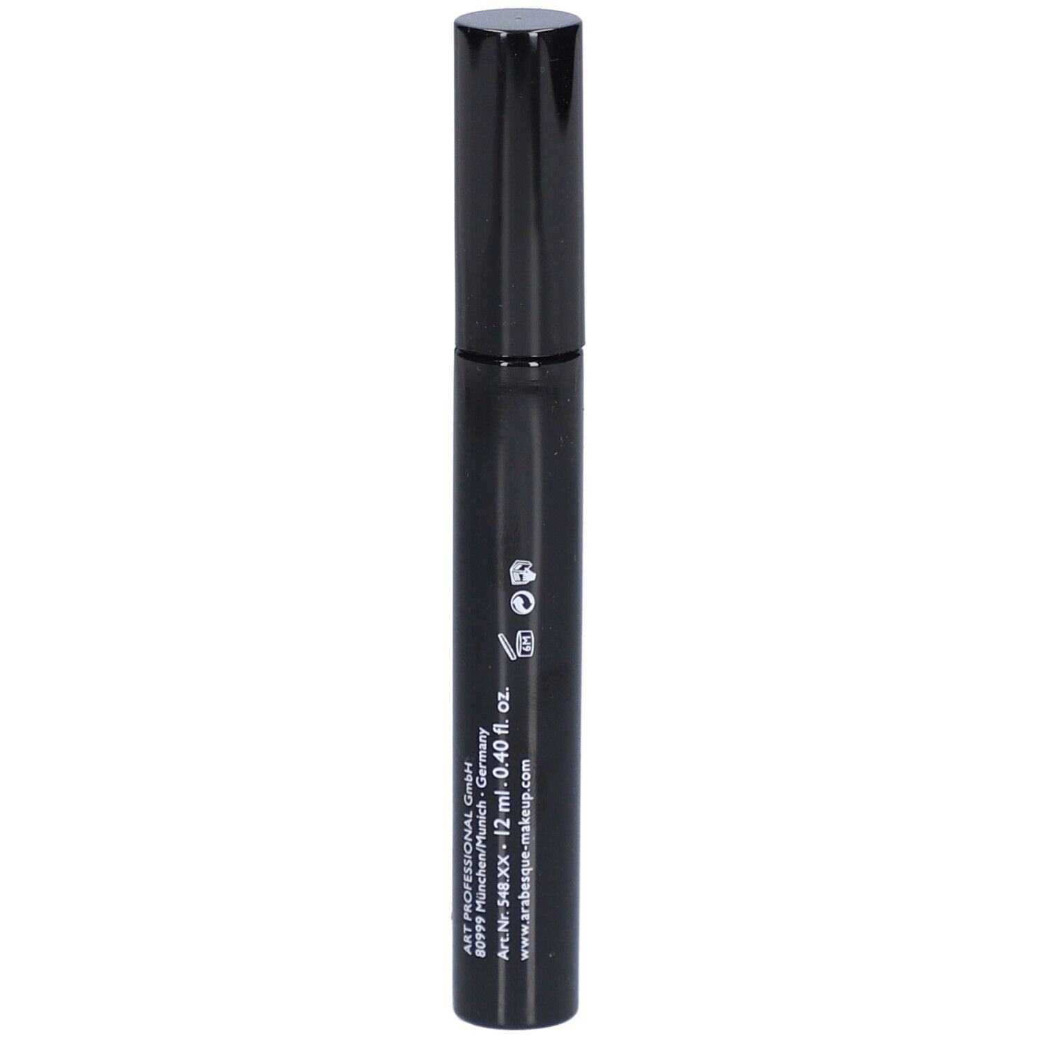 Schwarze Mascarabürste mit schwarzem Deckel. Aufschrift: ART PROFESSIONAL GmbH, 12 ml.