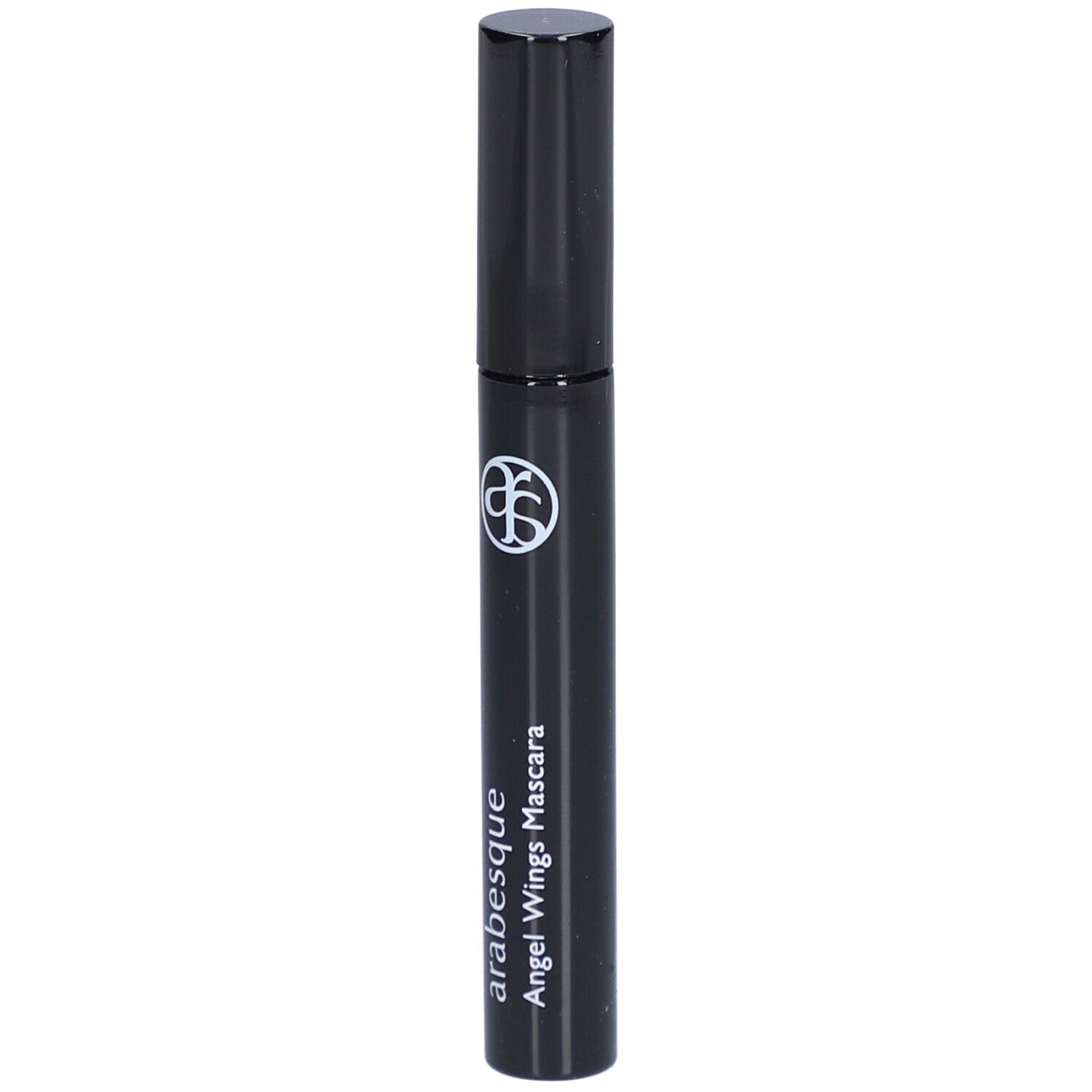 Schwarze Mascarabürste mit schwarzem Deckel. Aufschrift: arabesque Angel Wings Mascara.