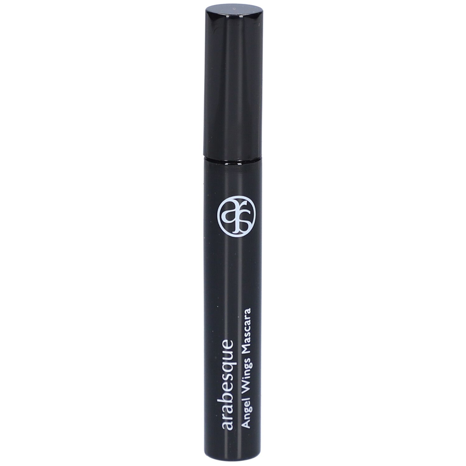 Schwarze Mascarabürste mit schwarzem Deckel. Aufschrift: arabesque Angel Wings Mascara.