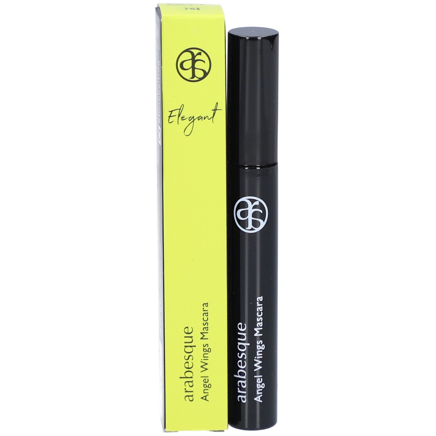 Schwarze Mascarabürste und gelbe Verpackung. Aufschrift: arabesque Angel Wings Mascara.