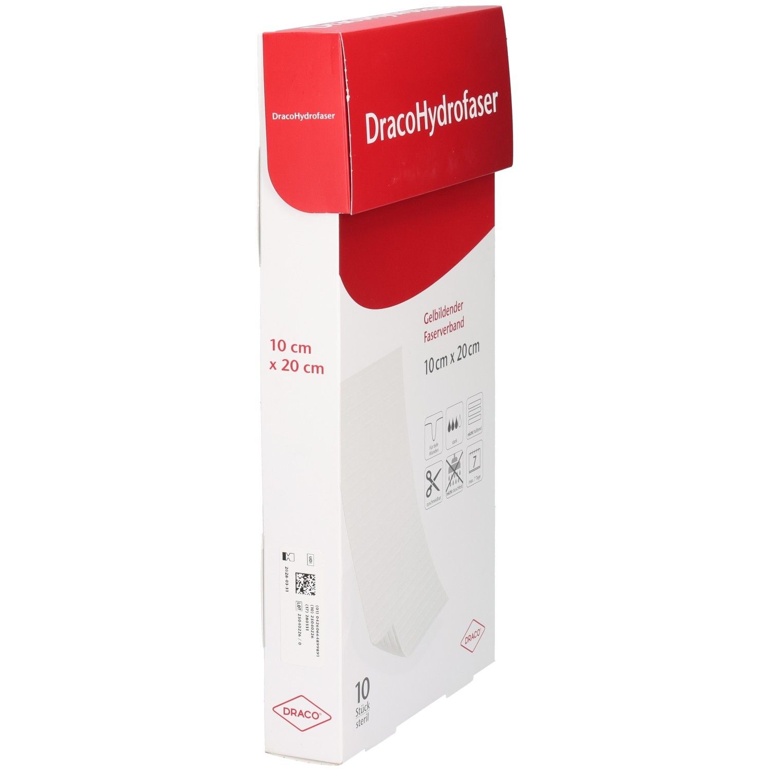 DracoHydrofaser Faserverband Verpackung. Weißer Karton mit rotem Deckel. Produktname, Maße 10 cm x 20 cm und Logo.