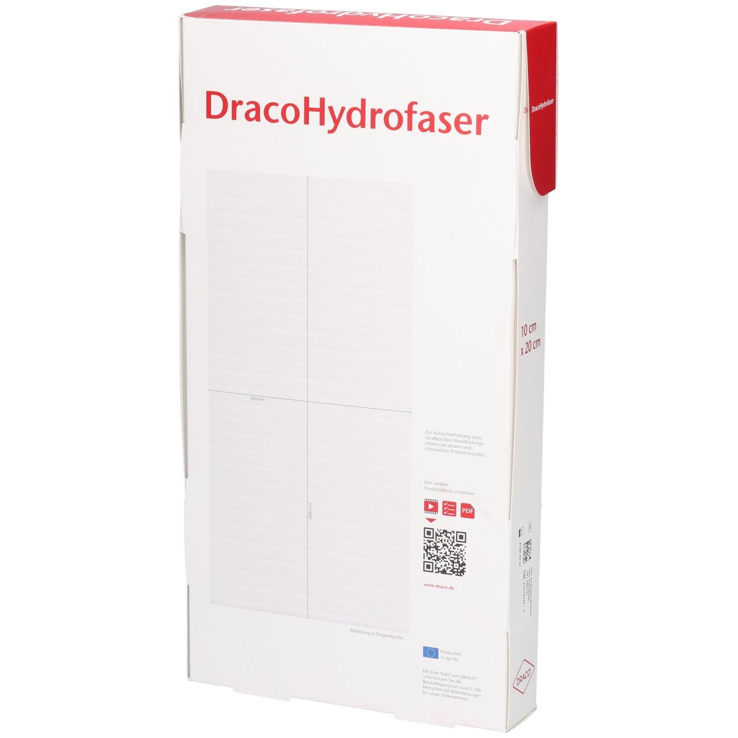 Rückseite der DracoHydrofaser Verpackung. Weißer Karton mit Produktinformationen und QR-Code.