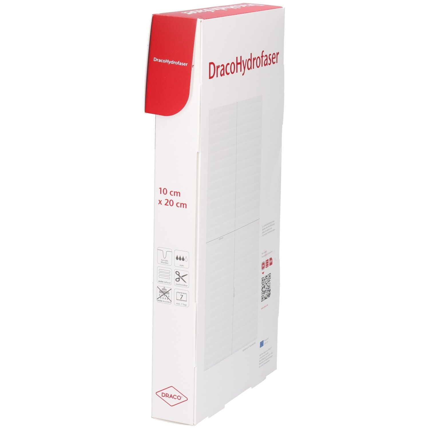 DracoHydrofaser Faserverband Verpackung. Weißer Karton mit rotem Deckel. Produktname und Maße 10 cm x 20 cm.