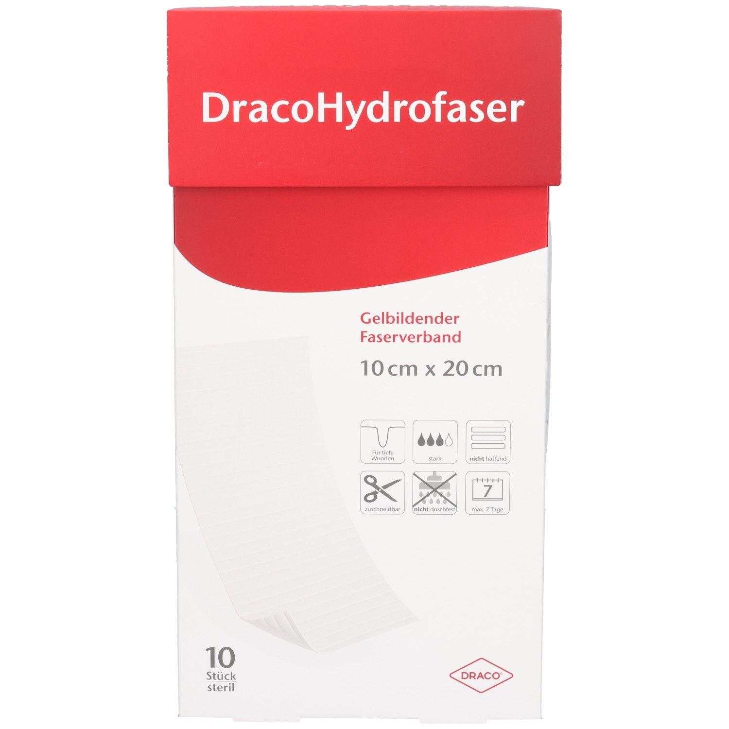 DracoHydrofaser Faserverband Verpackung. Weißer Karton mit rotem Deckel. Produktname, Maße 10 cm x 20 cm und Logo.