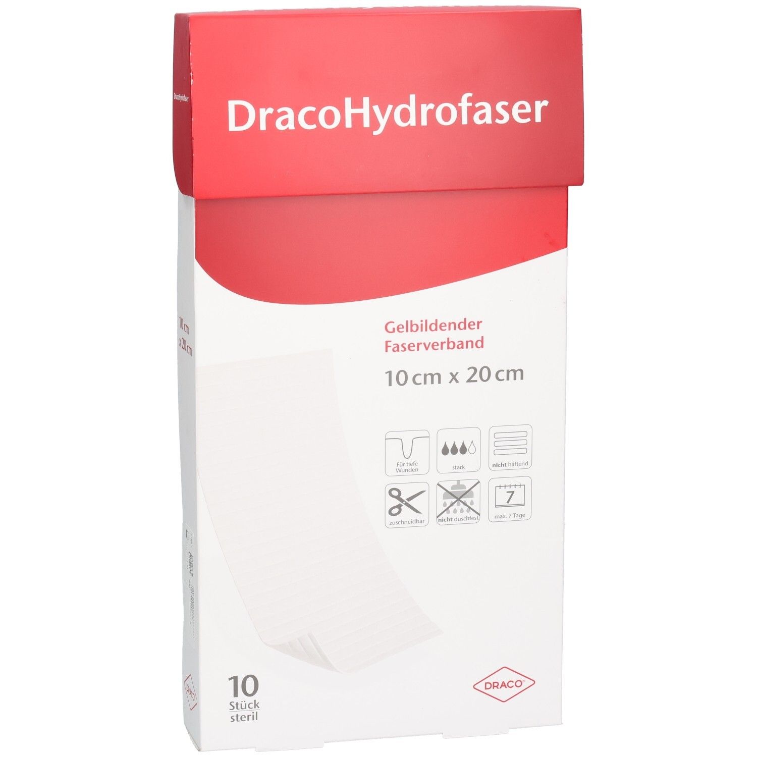 DracoHydrofaser Faserverband Verpackung. Weißer Karton mit rotem Deckel. Produktname, Maße 10 cm x 20 cm und Logo.