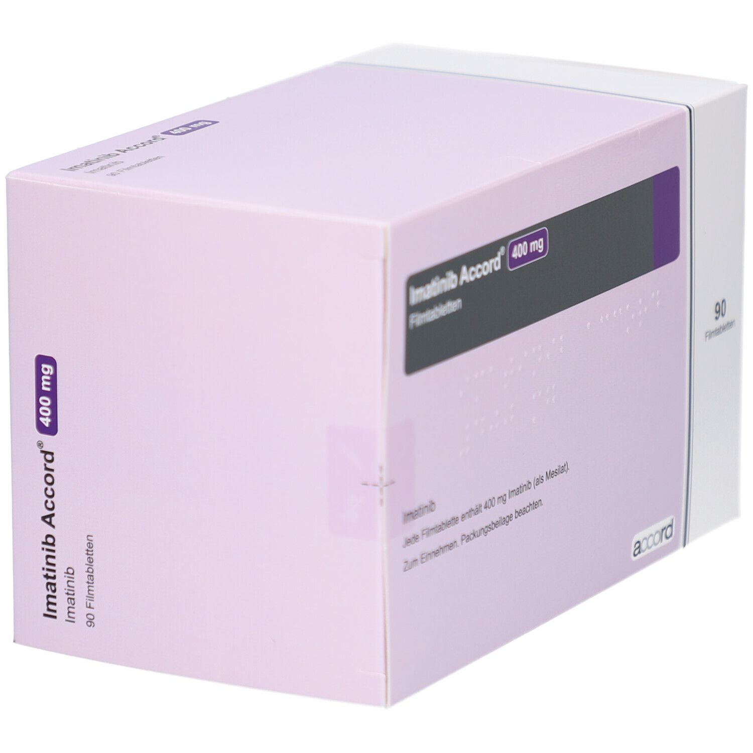 Imatinib Accord 400 mg Filmtabletten Packung. Lila-weiße Schachtel mit Produktnamen und Dosierung. 90 Tabletten. Logo Accord.