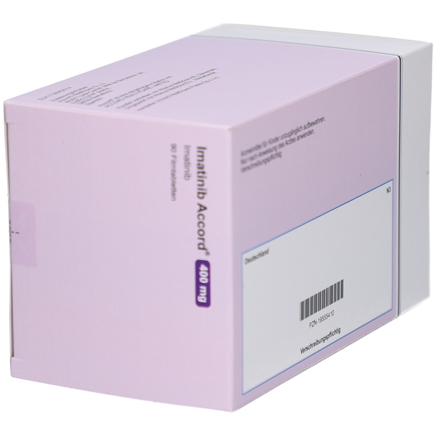 Imatinib Accord 400 mg Packung. Rückseite mit Barcode, PZN-Nummer, Text in Deutsch. Verschreibungspflichtig.