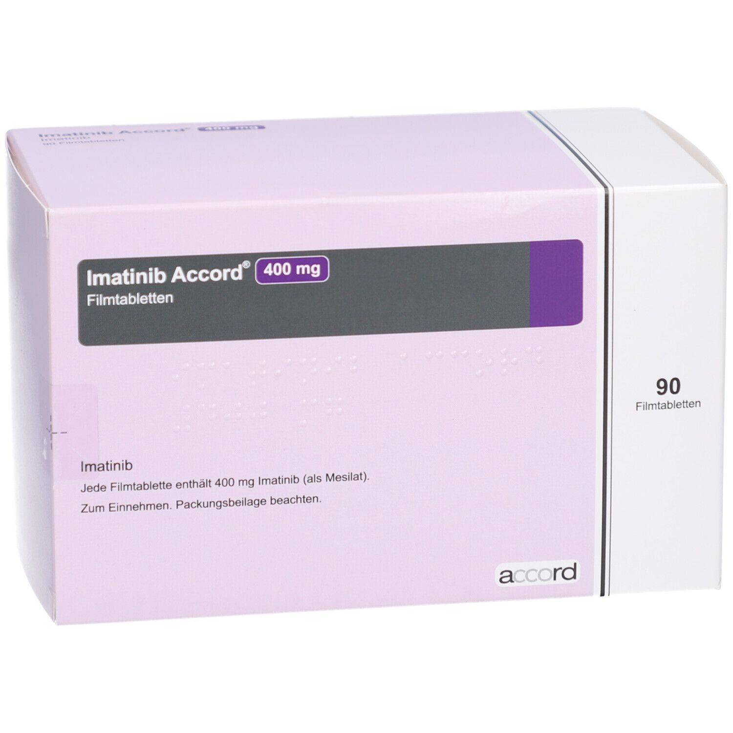 Imatinib Accord 400 mg Filmtabletten Packung. Lila-weiße Schachtel mit Produktnamen und Dosierung. 90 Tabletten. Logo Accord.