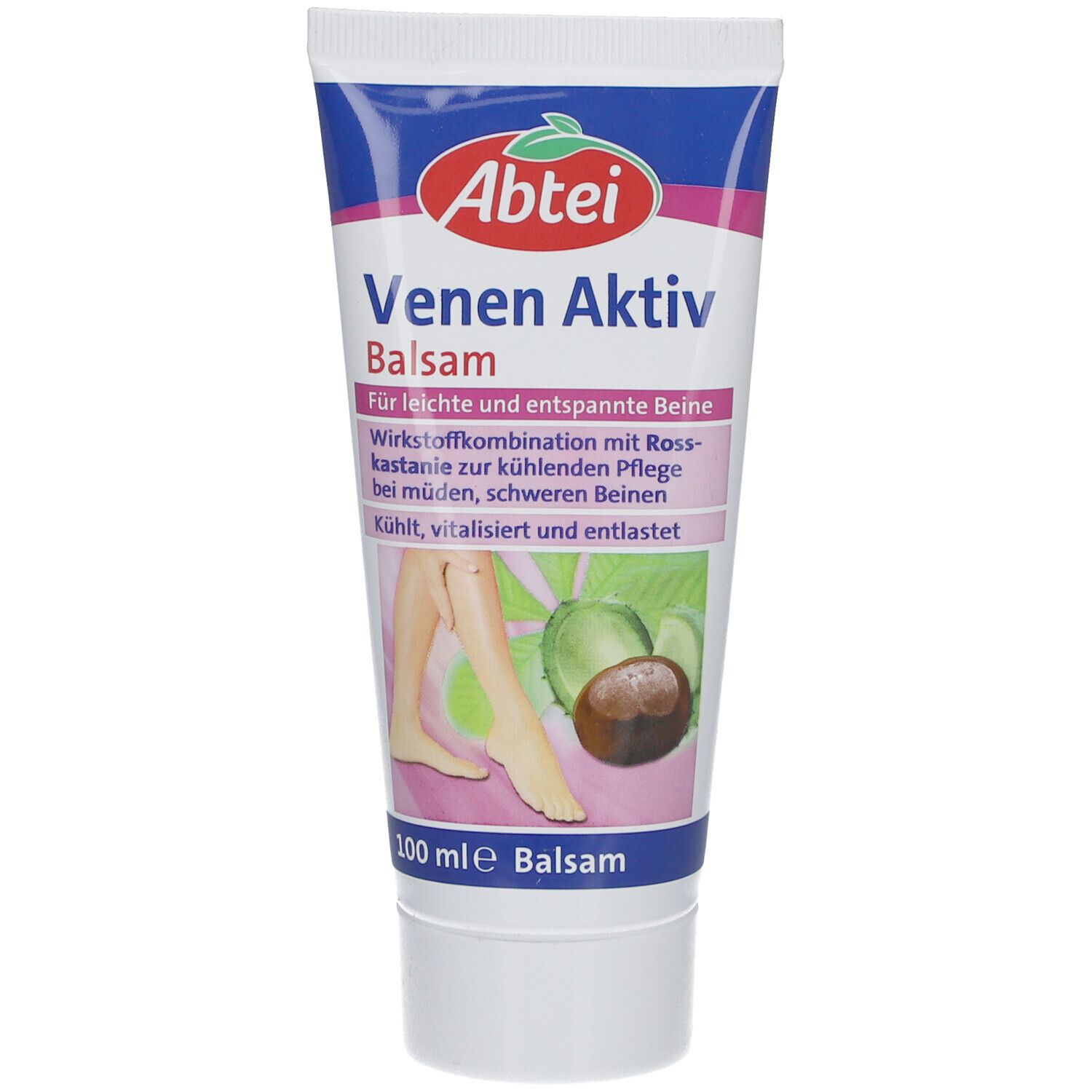 Tube mit Produktname und Abbildung von Beinen. Text: Venen Aktiv Balsam, Wirkstoffkombination, 100 ml.