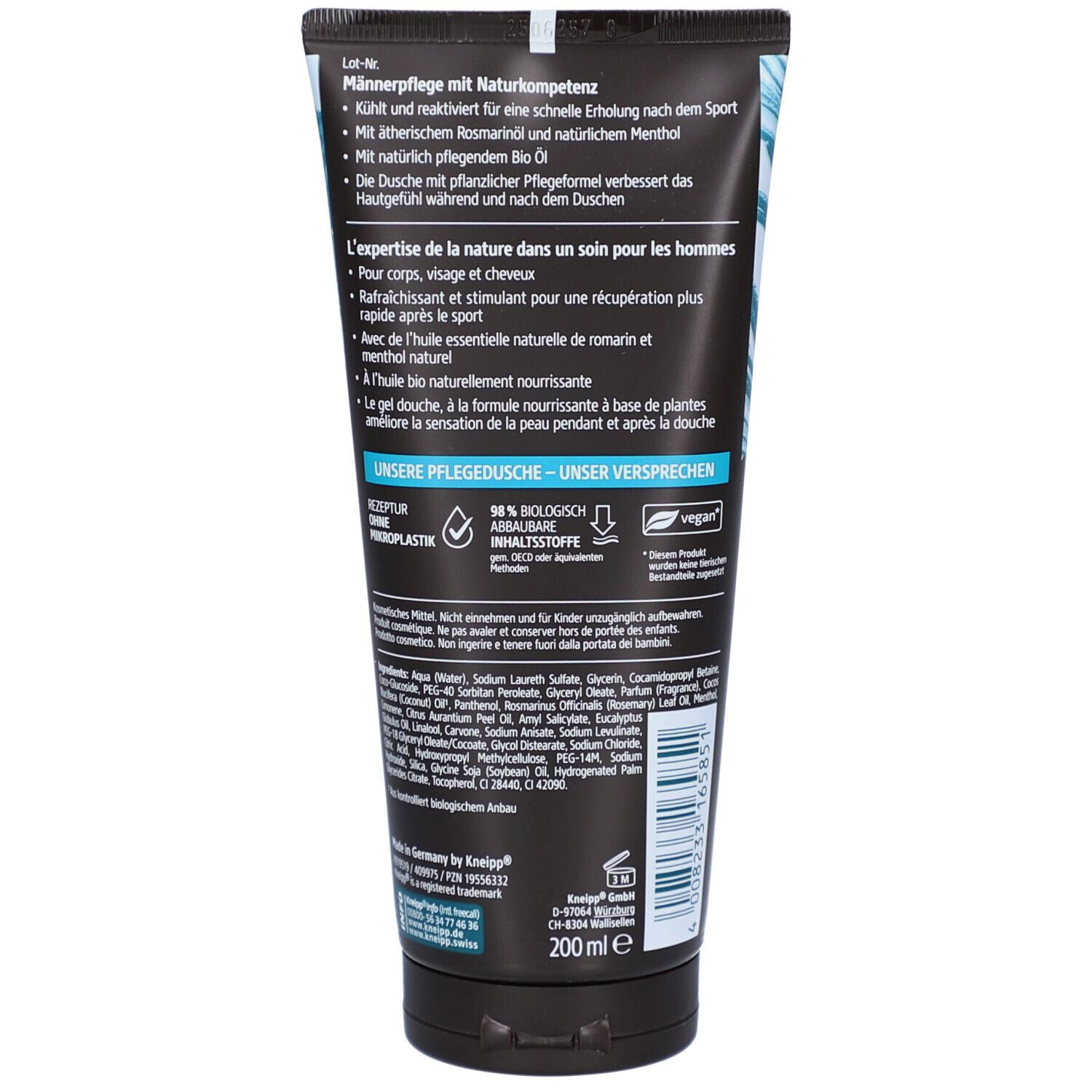 Rückseite der Kneipp 3 in 1 Pflegedusche Sport Tube. Text in Deutsch und Französisch. Vegan-Siegel. 200 ml.