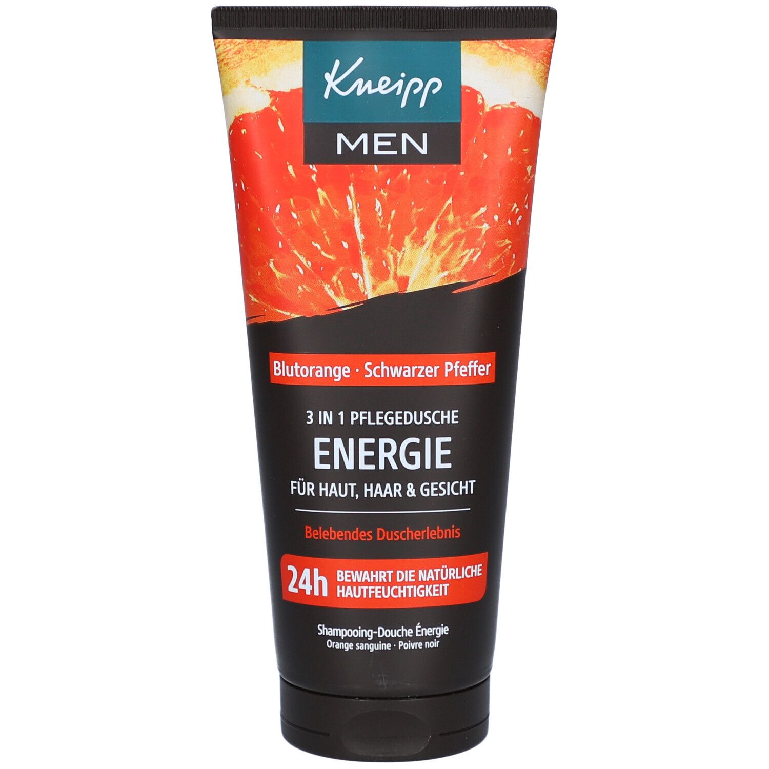 Tube mit Kneipp® 3 in 1 Pflegedusche Energie. Blutorange & Schwarzer Pfeffer. Schwarzer Deckel, orangefarbener Hintergrund.