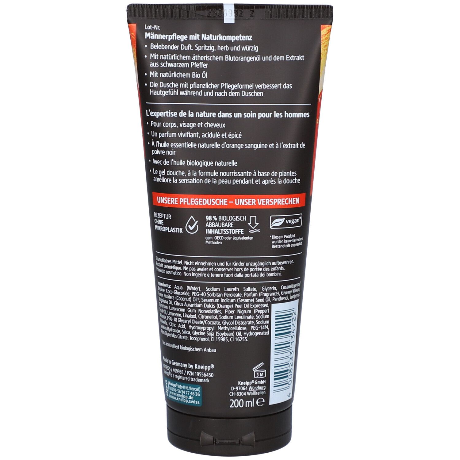 Rückseite der Tube Kneipp® 3 in 1 Pflegedusche Energie. Text in Deutsch und Französisch. Vegan-Siegel.