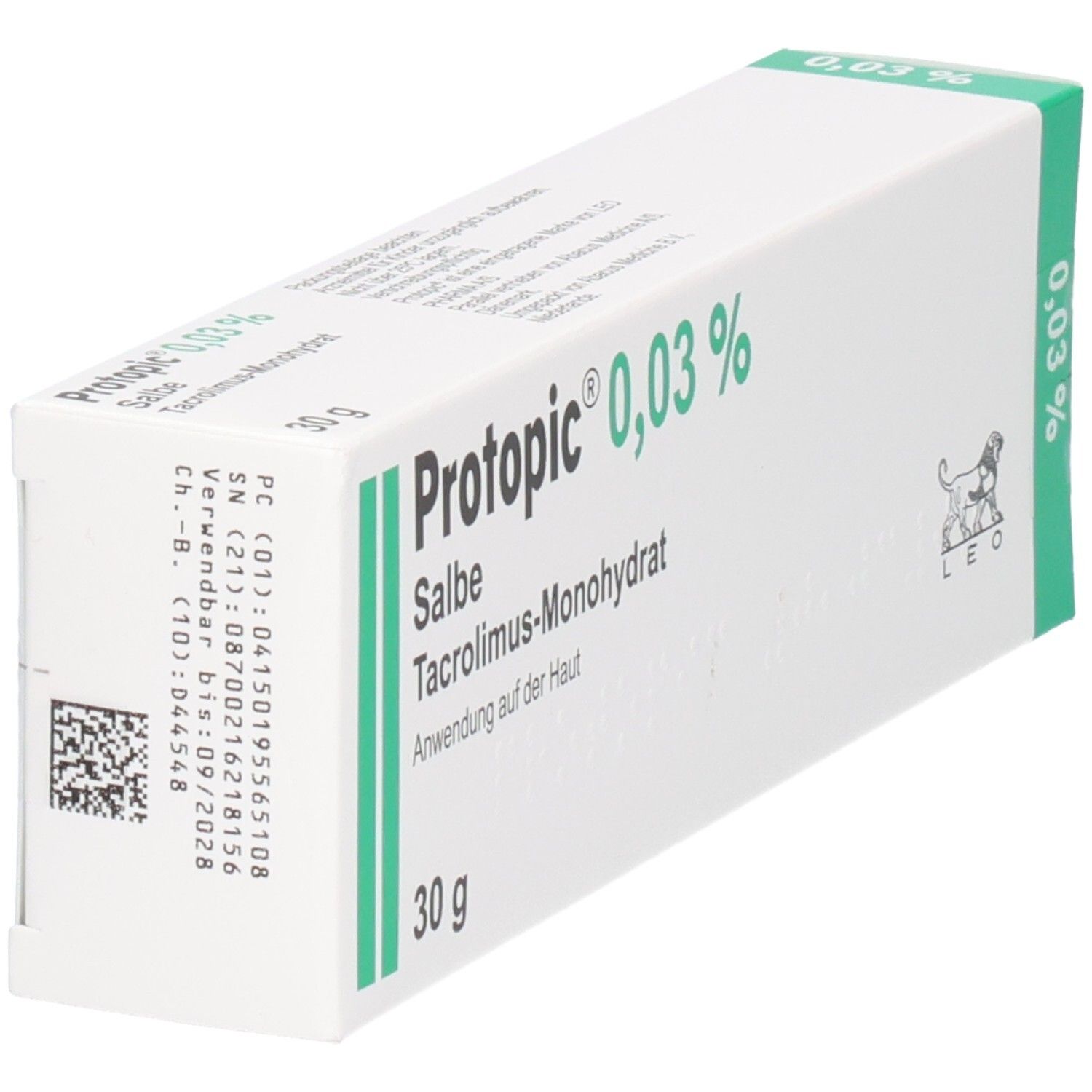Schachtel mit Protopic 0,03% Salbe. Aufdruck: 30 g, LEO-Logo, Text. Grün markierte Ecke mit 0,03%. Barcode und weitere Informationen.