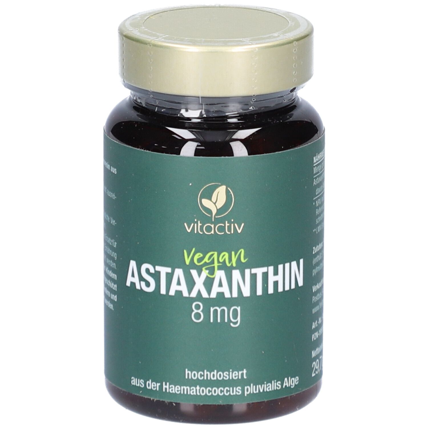 Braune Glasflasche mit grüner Etikett. Aufschrift: Astaxanthin 8 mg, vegan. Marke: vitactiv.