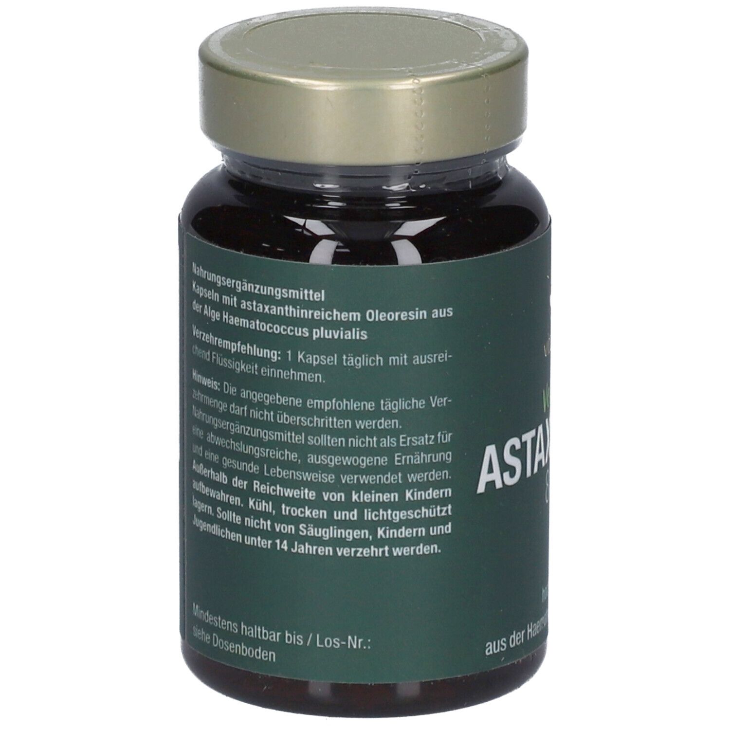 Rückseite einer braunen Glasflasche mit grünem Etikett. Text: Nahrungsergänzungsmittel, Kapseln mit Astaxanthin.