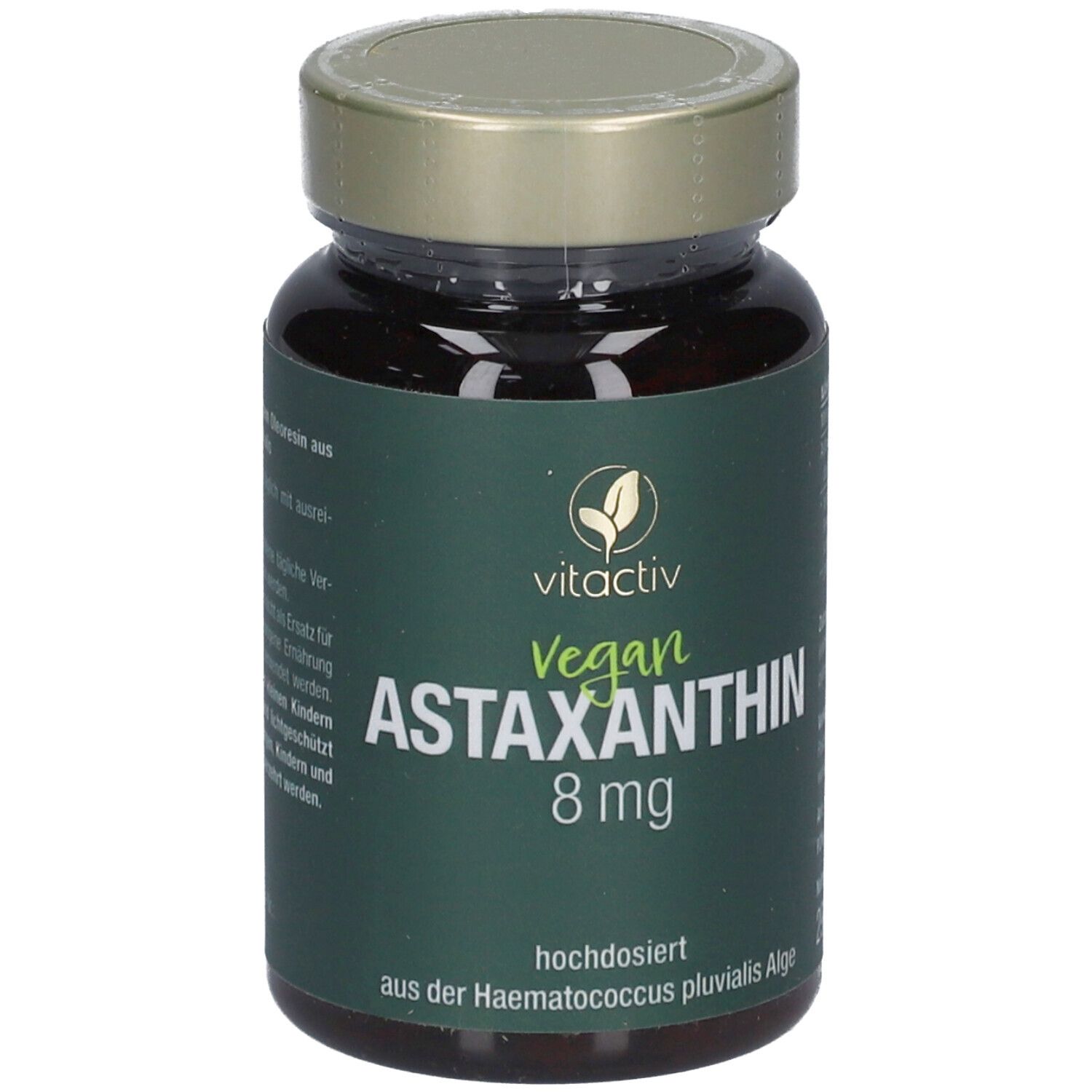 Braune Glasflasche mit grünem Etikett. Aufschrift: Astaxanthin 8 mg, vegan. Marke: vitactiv.