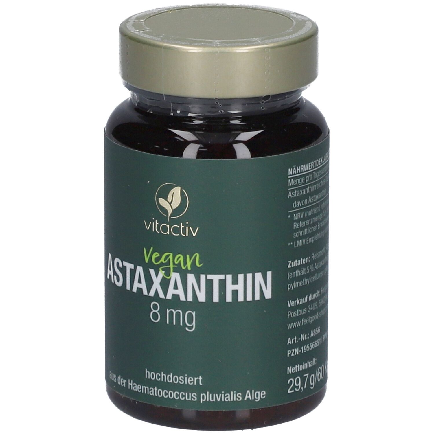 Braune Glasflasche mit grünem Etikett. Aufschrift: Astaxanthin 8 mg, vegan. Marke: vitactiv. Nettogewicht: 29,7 g.