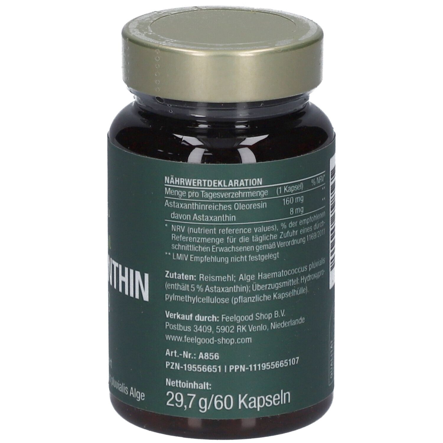Braune Glasflasche mit grünem Etikett. Text: Nährwertdeklaration, Astaxanthin, 60 Kapseln, 29,7 g. Marke: feel good.