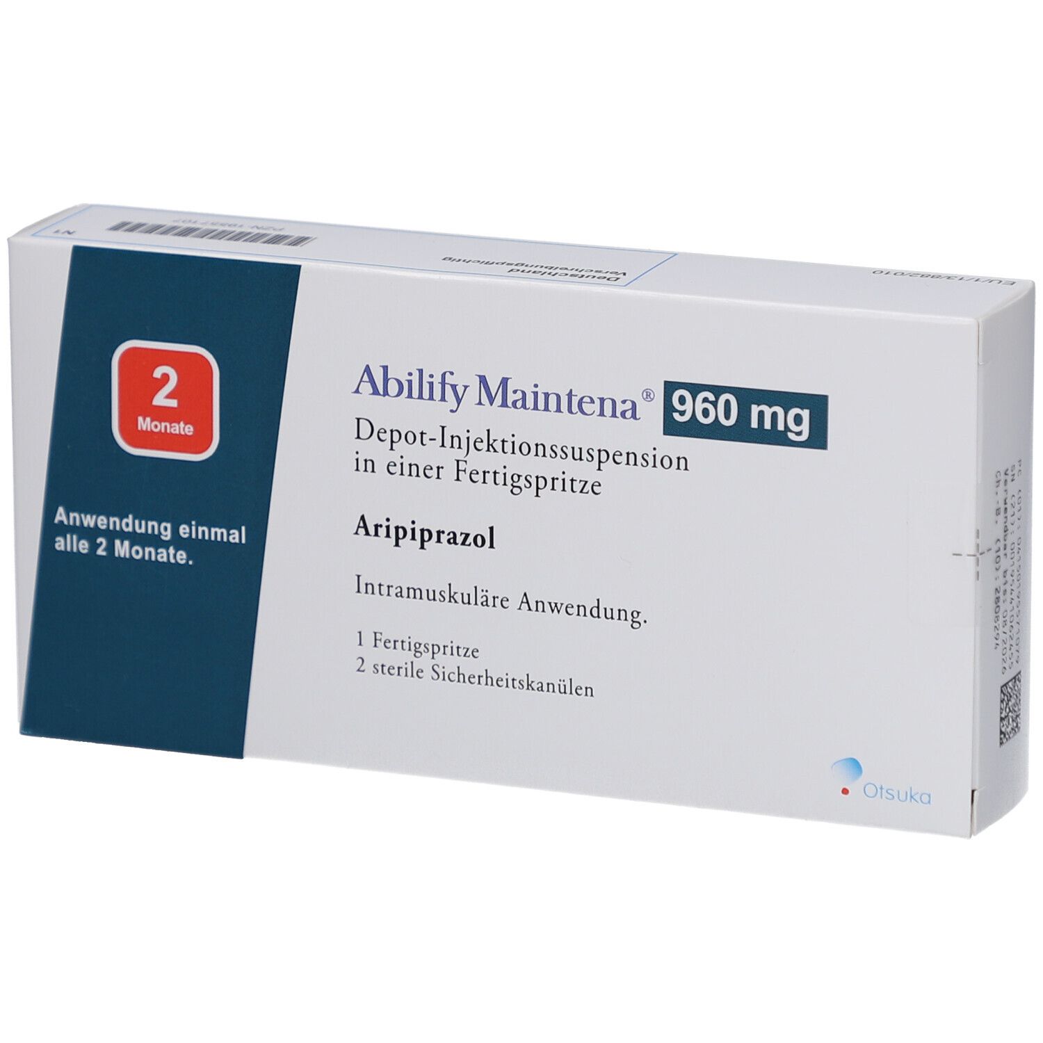Verpackung von ABILIFY Maintena 960 mg. Text: Depot-Injektionssuspension, Aripiprazol, 2 Monate. 1 Fertigspritze, 2 sterile Sicherheitskanülen.