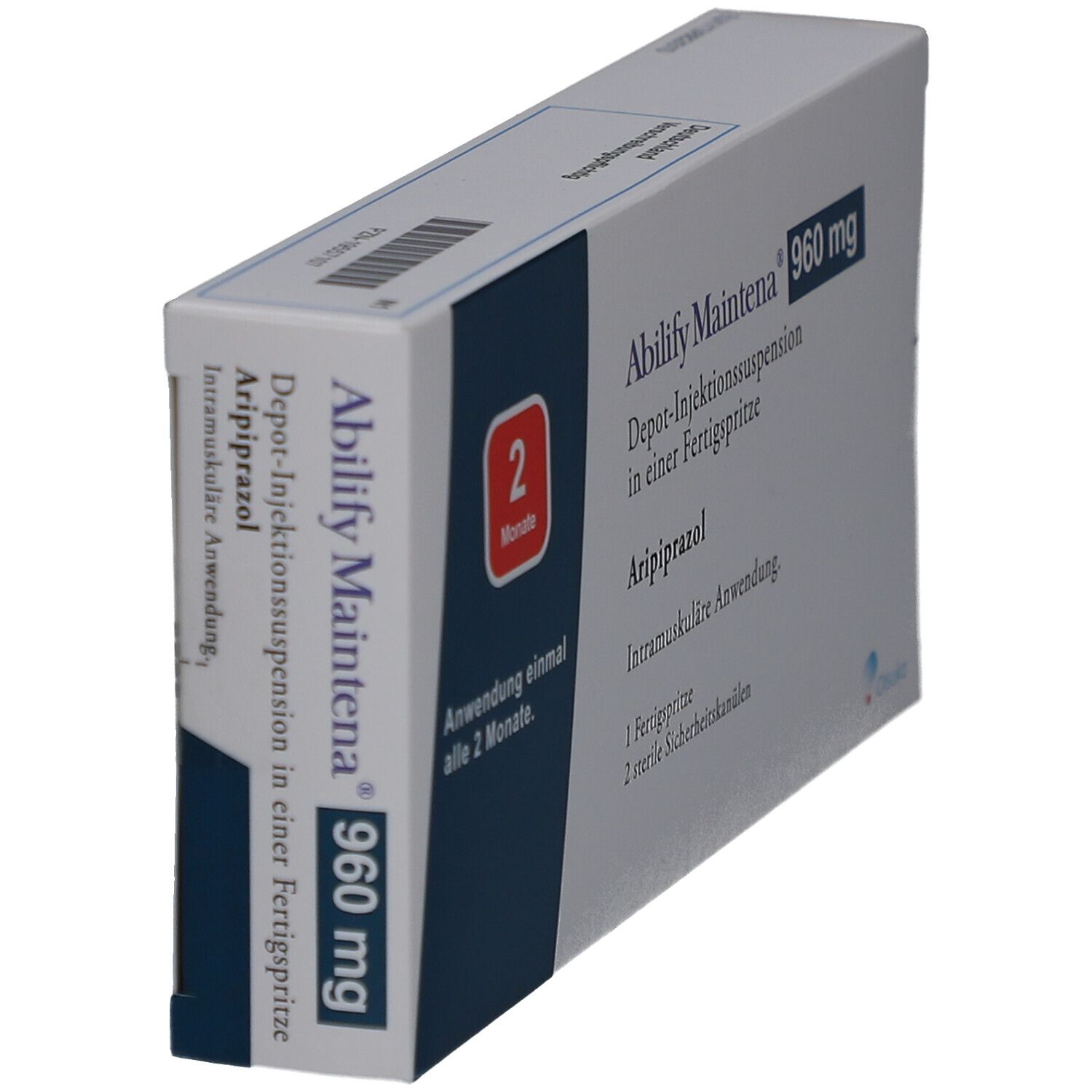 Schräg gestellte Verpackung von ABILIFY Maintena 960 mg. Text: Depot-Injektionssuspension, Aripiprazol, 2 Monate. 1 Fertigspritze, 2 sterile Kanülen.