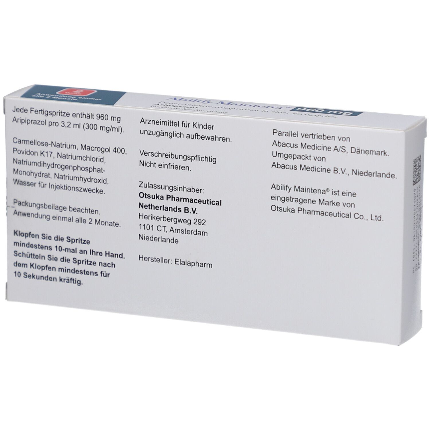 Rückseite der ABILIFY Maintena 960 mg Verpackung. Text: Zusammensetzung, Anwendung, Hersteller, Chargennummer, Verfallsdatum.