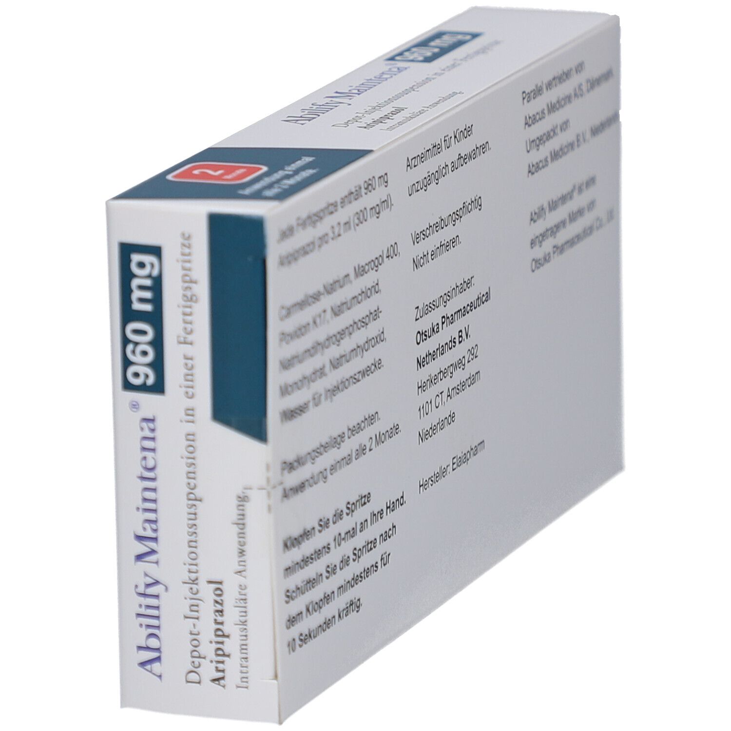 Schräg gestellte Rückseite der ABILIFY Maintena 960 mg Verpackung. Text: Zusammensetzung, Anwendung, Hersteller, Chargennummer, Verfallsdatum.