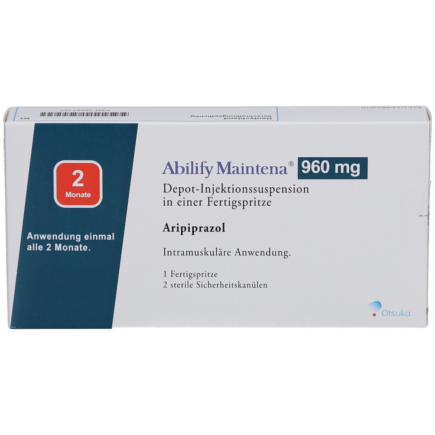 Verpackung von ABILIFY Maintena 960 mg. Text: Depot-Injektionssuspension, Aripiprazol, 2 Monate. 1 Fertigspritze, 2 sterile Sicherheitskanülen.