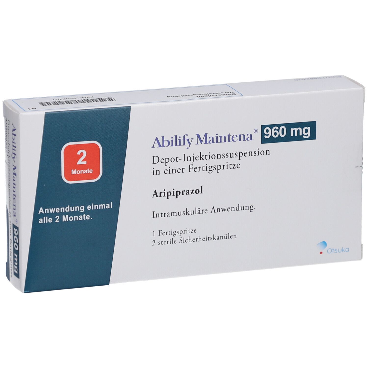 Verpackung von ABILIFY Maintena 960 mg. Text: Depot-Injektionssuspension, Aripiprazol, 2 Monate. 1 Fertigspritze, 2 sterile Sicherheitskanülen.