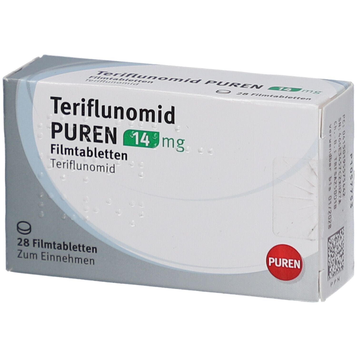Schachtel mit Teriflunomid PUREN 14 mg Filmtabletten. Aufschrift: 28 Filmtabletten. PUREN-Logo. Weiße und graue Verpackung.