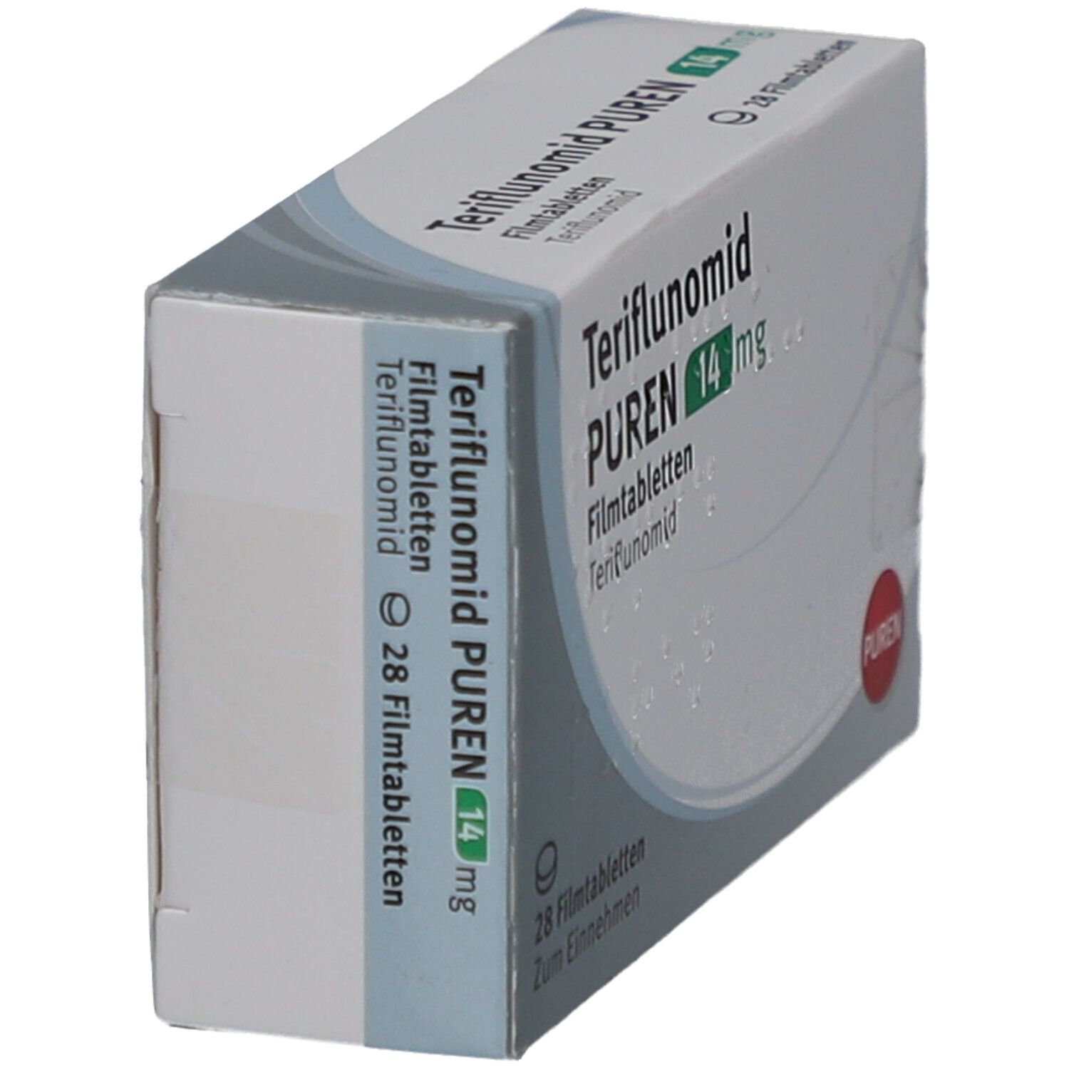 Schachtel mit Teriflunomid PUREN 14 mg Filmtabletten. Seitenansicht. Aufschrift: 28 Filmtabletten. PUREN-Logo. Weiße und graue Verpackung.