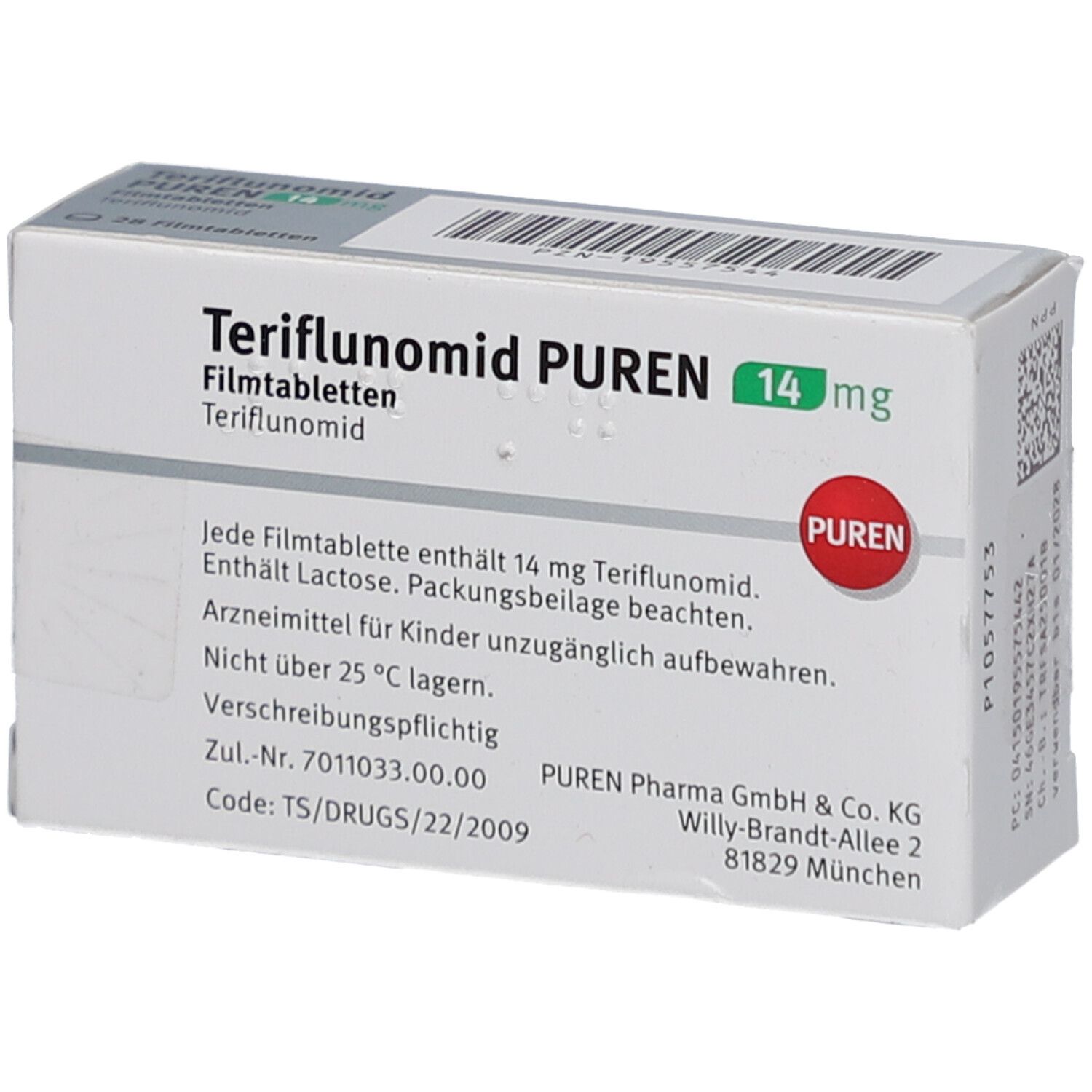 Schachtel mit Teriflunomid PUREN 14 mg Filmtabletten. Rückseite mit Text. PUREN-Logo. Weiße und graue Verpackung.