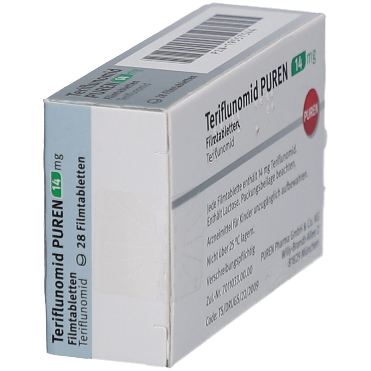Schachtel mit Teriflunomid PUREN 14 mg Filmtabletten. Seitenansicht mit Text. PUREN-Logo. Weiße und graue Verpackung.