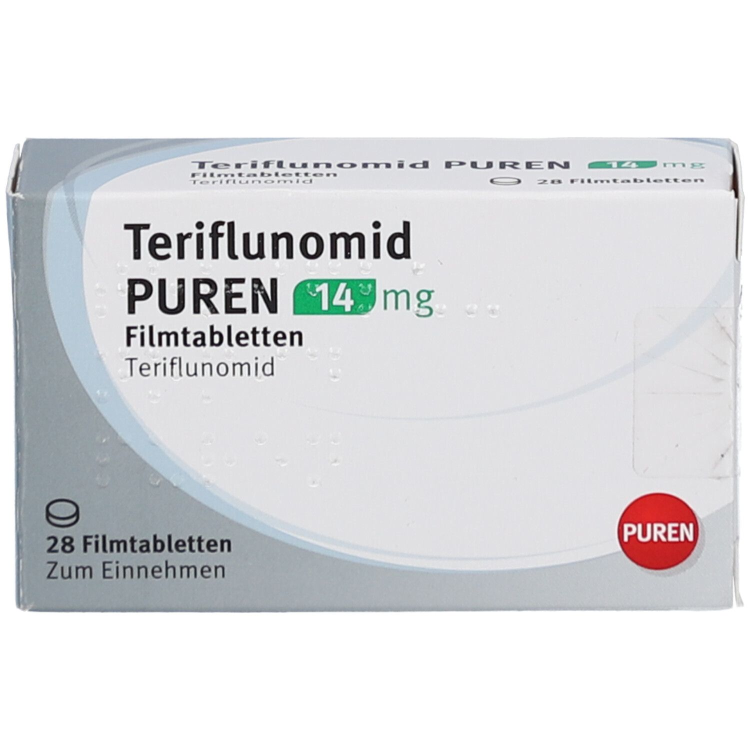 Schachtel mit Teriflunomid PUREN 14 mg Filmtabletten. Aufschrift: 28 Filmtabletten. PUREN-Logo. Weiße und graue Verpackung.