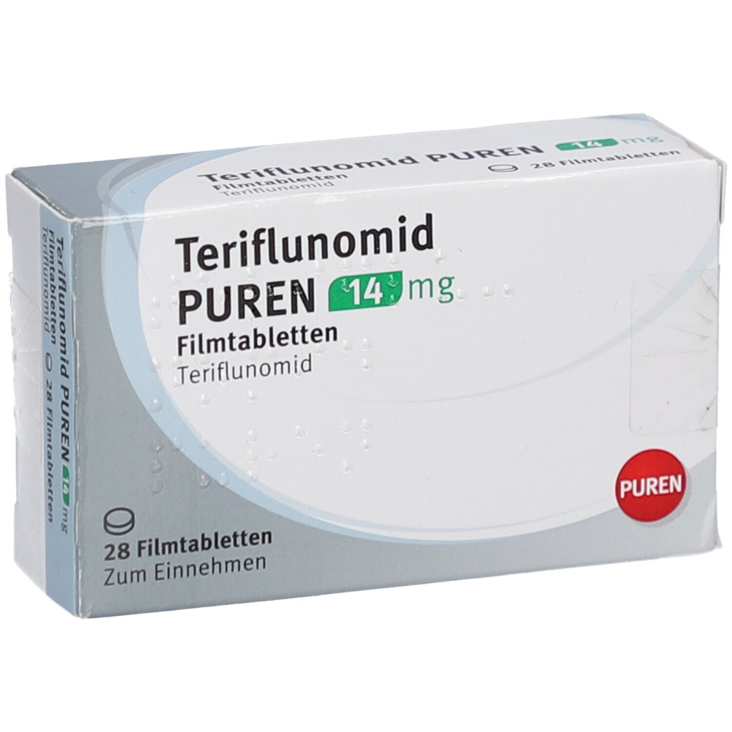 Schachtel mit Teriflunomid PUREN 14 mg Filmtabletten. Aufschrift: 28 Filmtabletten. PUREN-Logo. Weiße und graue Verpackung.