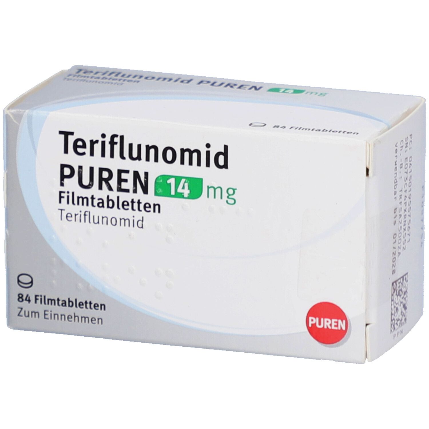 Weiße Faltschachtel mit Aufschrift Teriflunomid PUREN 14 mg Filmtabletten. Enthält 84 Tabletten. PUREN Logo.